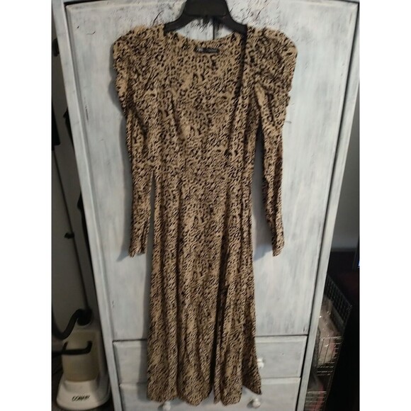 Zara Leopard Ruched Puff Long Sleeve Maxi Dress Xs Boho Cottage Core - Picture 3 of 9